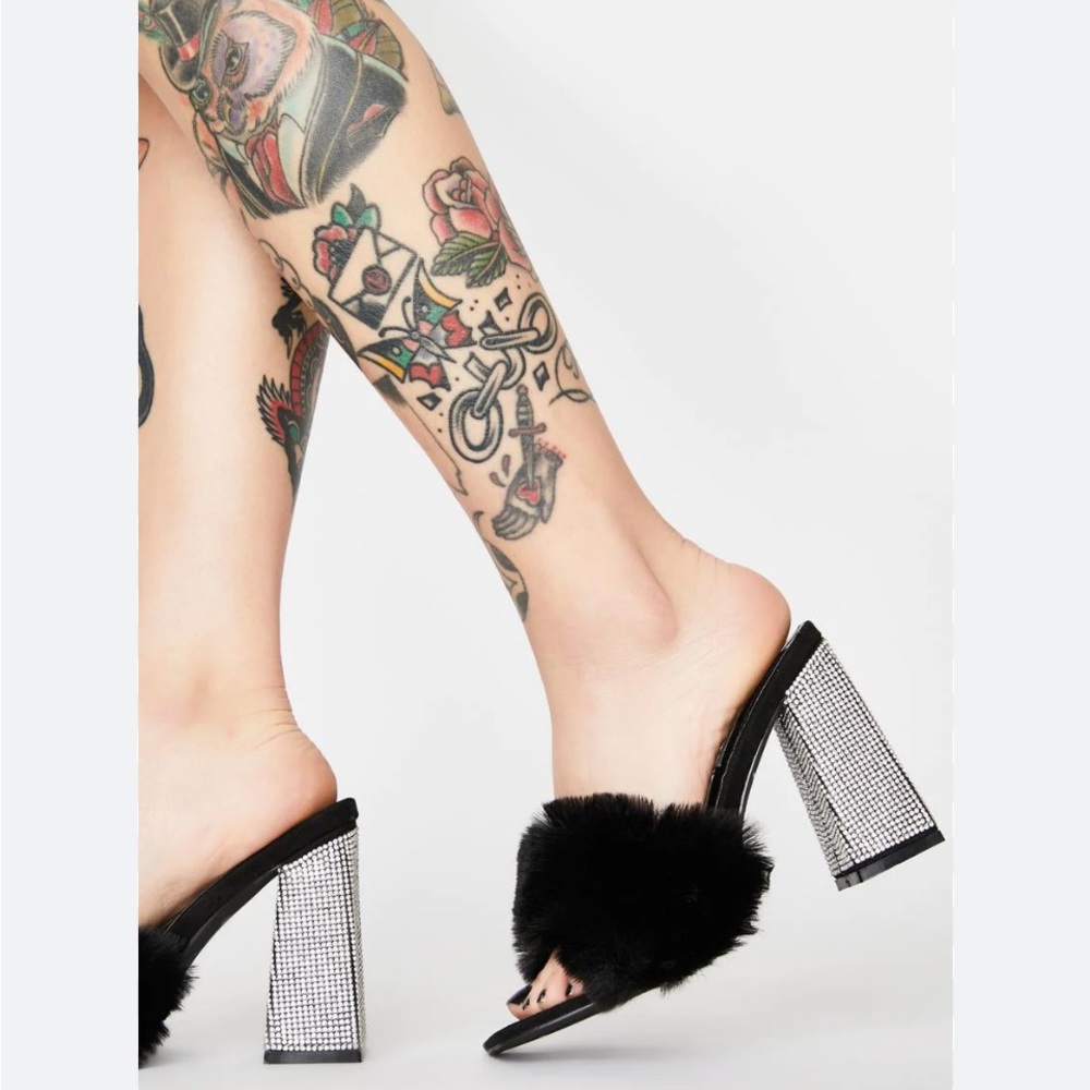 Cape Robbin Softy Black Faux Fur and Rhinestone Mules Heels
